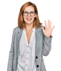 Poster - Young caucasian woman wearing business style and glasses showing and pointing up with fingers number five while smiling confident and happy.