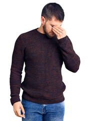 Sticker - Young handsome man wearing casual sweater tired rubbing nose and eyes feeling fatigue and headache. stress and frustration concept.