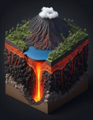 Cross-section of a piece of the earth's crust, different composition and dynamic processes in the earth's layers and the geological changes on the earth's mantle, volcanic activity