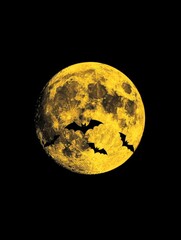 Poster - A yellow moon with three bats flying around it