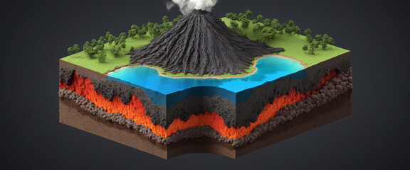 Cross-section of a piece of the earth's crust, different composition and dynamic processes in the earth's layers and the geological changes on the earth's mantle, volcanic activity