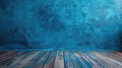 Wall Mural - Empty blue cement wall background with wooden floor for product display and text placement