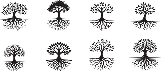 Tree with leaves and roots, Tree logo, black and flat tree for logo, tree silhouette logo icon design, tree silhouette vector art design,