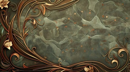 Wall Mural - Stylish Art Nouveau Background with Flowing Floral Designs and a Curved Bronze Frame