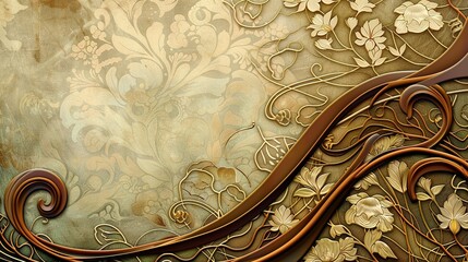 Wall Mural - Stylish Art Nouveau Background with Flowing Floral Designs and a Curved Bronze Frame