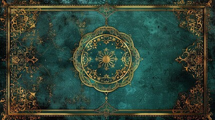 Wall Mural - Luxurious Ottoman Background with Rich Teal and Gold Patterns and an Intricate Frame with Star and Crescent Motifs