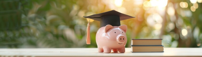 Wall Mural - Piggy bank with graduation cap next to books symbolizing education savings and financial planning.