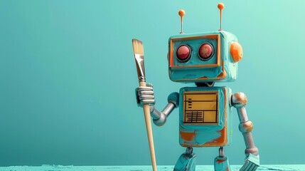 A robot is holding a paintbrush and standing on a blue background