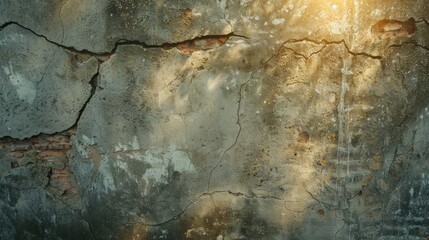 Sticker - Sunlit abstract aged grainy cement wall with crack in industrial setting for text and content placement