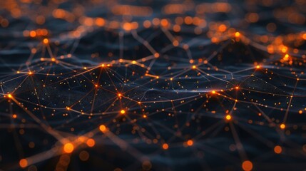 A dark background with glowing orange lines and dots representing the connections.
