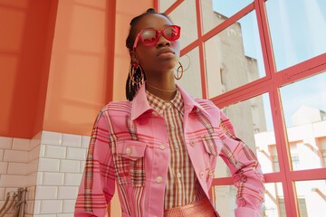 Wall Mural - Vibrant portrait of a woman in red sunglasses and a colorful outfit creating a bold and energetic visual