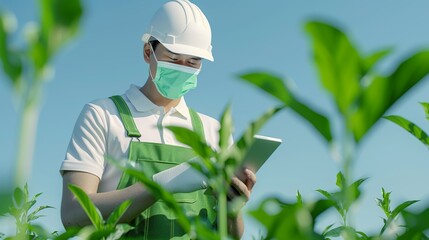 Wall Mural - Professional illustration depicting farmers happily engaged in high-tech agriculture, demonstrating the synergy between technology and natural farming environments. Height Resolution Photo, ,