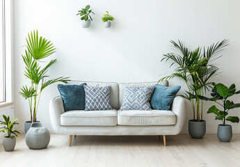 Decorative sofa furniture set in the room, grey stone wall, yellow niche and bookshelf, home decor.