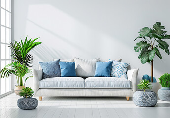 Decorative sofa furniture set in the room, grey stone wall, yellow niche and bookshelf, home decor.