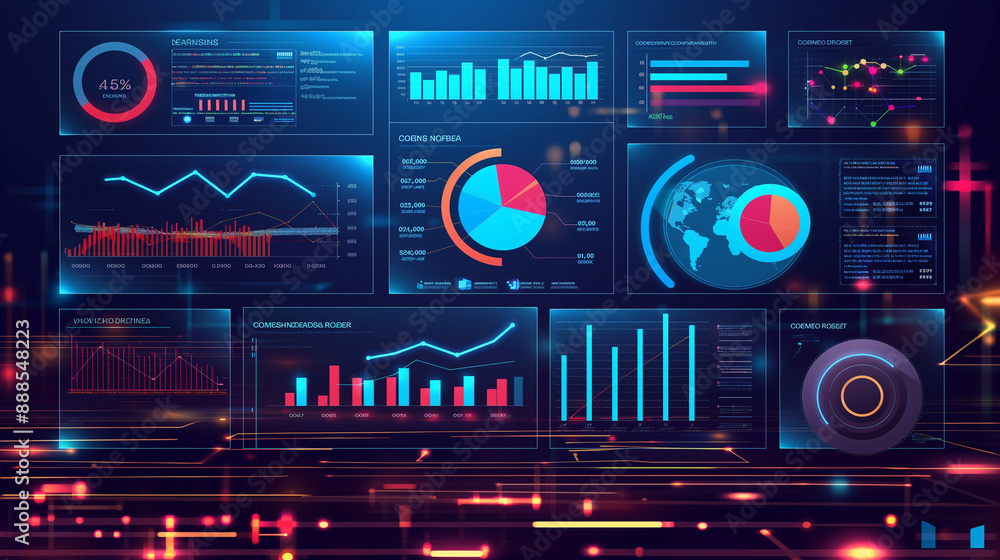 Detailed infographic dashboard template with flat design graphs and pie ...