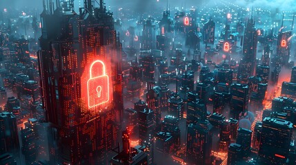 Canvas Print - A futuristic cityscape with holographic data streams and a lock symbol, highlighting urban data security.