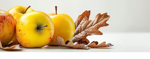 13 Close-up of yellow apple and oak leaf, intricate textures, detailed view, natural patterns