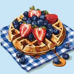 Wall Mural - Delicious waffle topped with fresh strawberries and blueberries, drizzled with syrup. Perfect for breakfast, brunch, or a sweet treat.