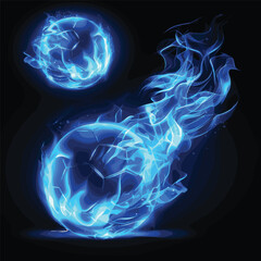 Two Blue Fireballs Burning on Black Background Abstract Illustration. Hot Flames, Energy, Power, Burning, Inferno.  Blue Fire Flame Burning Abstract.  Fiery Blazing Balls.