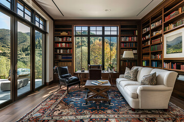 A cozy room with a fireplace and two brown chairs.