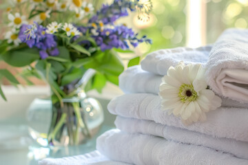 freshly laundered white towels with daisy flower spa wellness concept