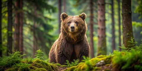 Brown bear in a dense forest habitat, wildlife, forest, nature, brown bear, animal, woodland, trees, wilderness