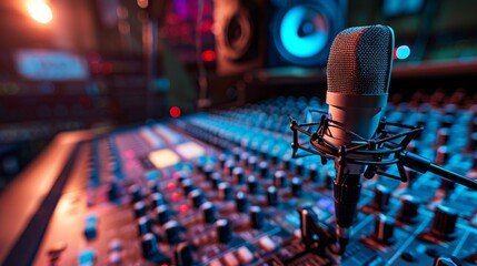 Boutique recording studio control desk Microphone in professional studio with blurred background musician and sound mixer. Musical instrument