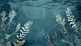 Stylized underwater plant illustrations on textured background