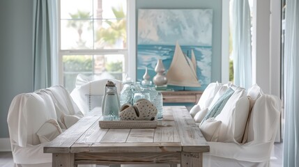 Sticker - A coastal dining area with a weathered wood table, white slip-covered chairs, and sea glass accents is perfect for relaxed, casual meals