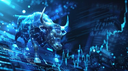 Photo of a bull chart and the stock market in blue. digital technology and future style