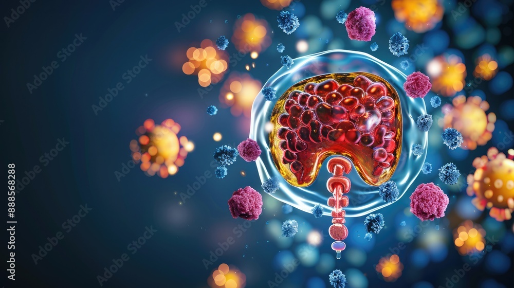3D illustration of a virus cell in a microscopic view, showcasing ...
