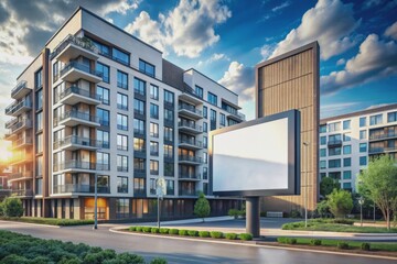 Modern cityscape with sleek apartment building mockup featuring empty advertising billboard for commercial housing and real estate, awaiting custom branding and marketing announcement.