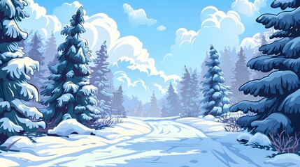 Winter landscape seamless forest background in cartoon style