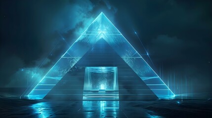 Pyramid-shaped house with blue light