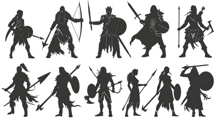 silhouettes of male and female warriors in battle poses