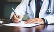 © Maxine - Close up of a doctor writing medical paperwork on a desk in their office, with copy space for text. Professional photography, high resolution, Doctor writing, medical paperwork, office, close up, hand