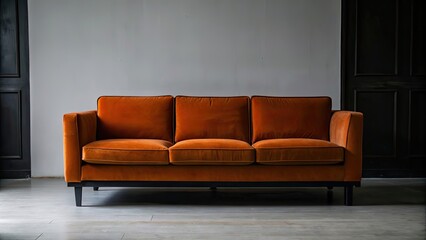 Canvas Print - Orange sofa in a minimalist empty room, orange, sofa, furniture, empty, room, interior, design, modern, cozy