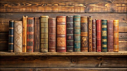 Wall Mural - A row of vintage books on a wooden shelf, antique, literature, library, education, reading, collection, knowledge, bookshelf