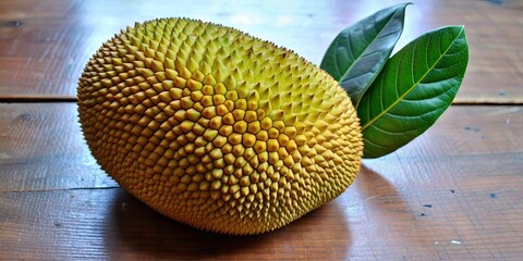 Sticker - Beautiful of a ripe jackfruit with vibrant green leaves , tropical fruit, exotic, healthy, vibrant, colorful, botanical, plant