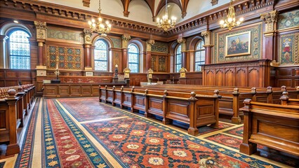 Poster - Ornate courtroom with wooden pews and patterned carpet , courtroom, interior, ornate, wooden pews, patterned carpet, legal