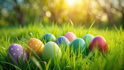 Wall Mural - Easter eggs hidden in a lush green field , Spring, celebration, colorful, hunt, tradition, festive, grass, vibrant, nature, eggs