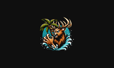 head deer angry with palm on beach vector flat design