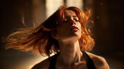 Poster - A photo of a woman with red hair, wearing a black tank top and dancing in a dark room.