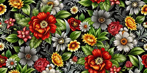 Wall Mural - Elegant seamless floral wallpaper pattern with vibrant flowers and leaves , floral, wallpaper, seamless, pattern, elegant