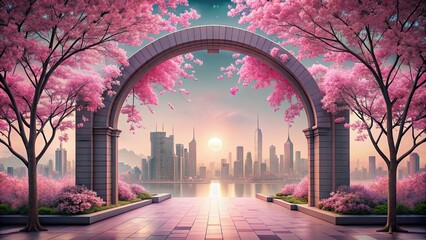 Poster - Surreal cityscape with pink hues, archway, and cherry blossoms , surreal, pink, cityscape, archway, cherry blossoms