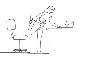 Wall Mural - Animation of one line drawing of single continuous line drawing woman standing with one leg raised and her hand typing on a laptop. Light exercise helps stay calm. Overtime. Full length motion