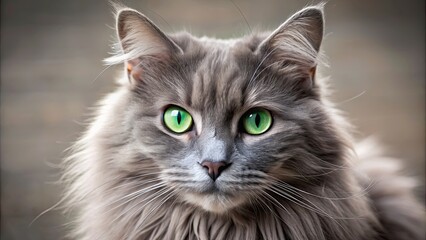 Canvas Print - Close up of a fluffy grey cat with bright green eyes, feline, pets, whiskers, animals, domestic, fur, eyes, close-up, staring