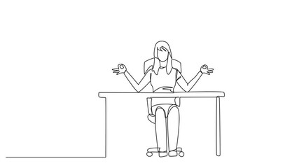 Poster - Animated self drawing of continuous one line drawing woman sitting in work chair with her fingers rounded. Like doing yoga movements. Looking for peace of mind. Overtime. Full length animation