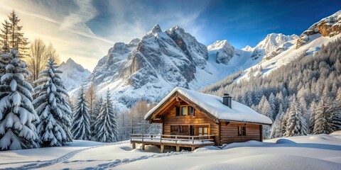 secluded chalet nestled among snowy mountains, snow, winter, cabin, mountains, cozy, retreat, solitu
