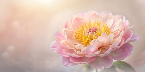 Sticker - Close-up of a delicate pink peony flower with soft petals and vibrant yellow center against a softly blurred background, peony